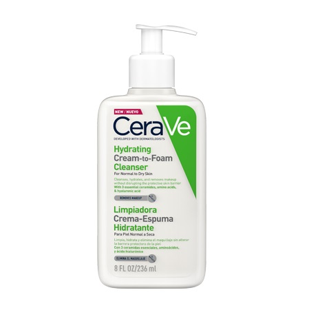 CeraVe – Hydrating cream-to-foam cleanser. Limpiador facial espumoso para piel de normal a seca